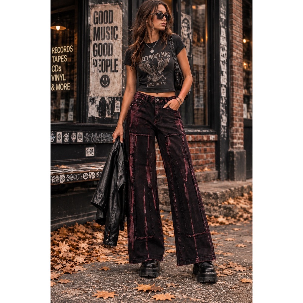 Hot Topic Edgy Grunge Goth Black Wide Leg Jeans Purple Acid Wash Rocker Sz M